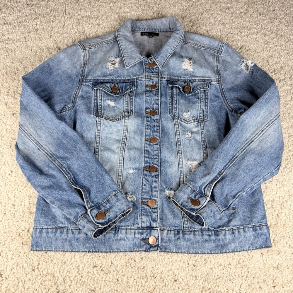 STS Blue Womens Jean Trucker Jacket Size Medium Distressed Grunge